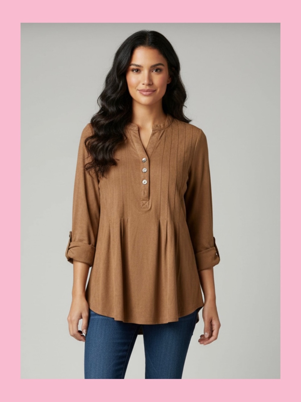 Women's Brown suede look Pleated Henley Top